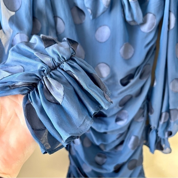 For Love And Lemons Lula Mini Dress Ruched Ruffle Navy Blue Dot Long Puff Sleeve - Picture 8 of 16